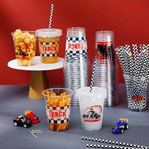 Miniatura 4 de FoldTier 50 piezas de vasos de plástico para fiesta de carreras a cuadros de 12 oz, vasos transparentes gruesos con bandera a cuadros, vasos negros