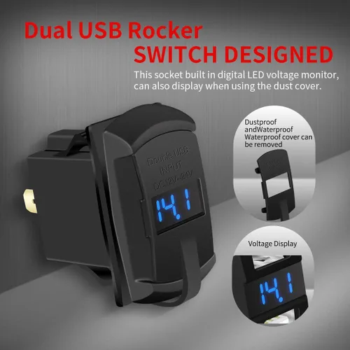 Miniatura 4 de DaierTek Interruptor de palanca USB marino 12V con 2 puertos de carga 4.2A, impermeable, con salida de enchufe y voltímetro digital LED azul