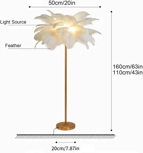 Miniatura 3 de Lámpara de pie moderna, pantalla de avestruz natural, lámpara de pie con luz blanca, cuerpo de lámpara dorado con cable enchufable, lámpara de pie