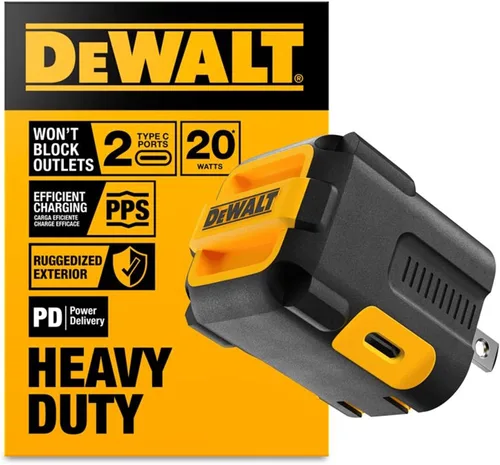Miniatura 11 de DEWALT Cargador USB NeverBlock de Servicio Pesado, Adaptador de Cargador de Pared de Puerto Dual Angulado de 12W, Enchufe Plegable, Ladrillo de Caja
