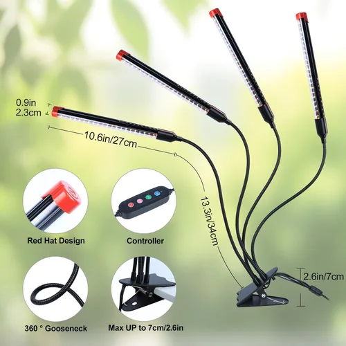 Miniatura 6 de Luces de crecimiento de clip fuerte de 4 cabezales para plantas de interior, inicio de semillas, bonsái, temporizador de 4/8/12/16/20H, 36 W, sin