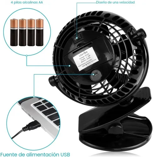 Miniatura 4 de Gazeled Ventilador de clip a batería, rotación de 360°, con 8 pilas AA gratis, ventilador silencioso USB o a batería, ventilador de clip portátil