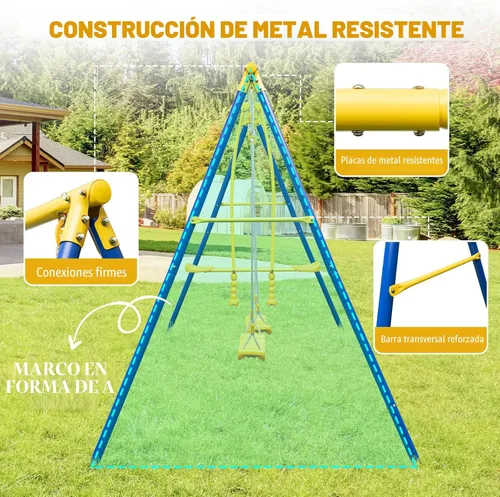 Miniatura 7 de HONEY JOY Juegos de columpios para el patio trasero, soporte de columpio de metal resistente con marco en A y 2 columpios con correa y balancín