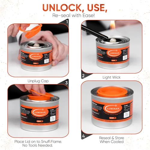 Miniatura 3 de Luminar Latas de combustible de rozaduras con mecha resellable, paquete de 6, 6 horas, quemadores de calidad premium para calentadores de alimentos