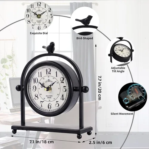 Miniatura 3 de Reloj de mesa silencioso a pilas de metal negro analógico con pájaro, pequeño reloj de mesa para decoración de granja, estante de chimenea, hogar