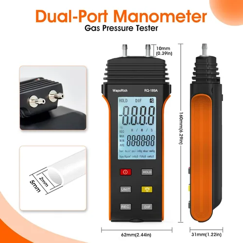 Miniatura 4 de Medidor de presión de gas Manometer HVAC, medidor de presión de aire manómetro de doble puerto WapoRich ±13.79Kpa/2.000Psi ±0.3% con 11