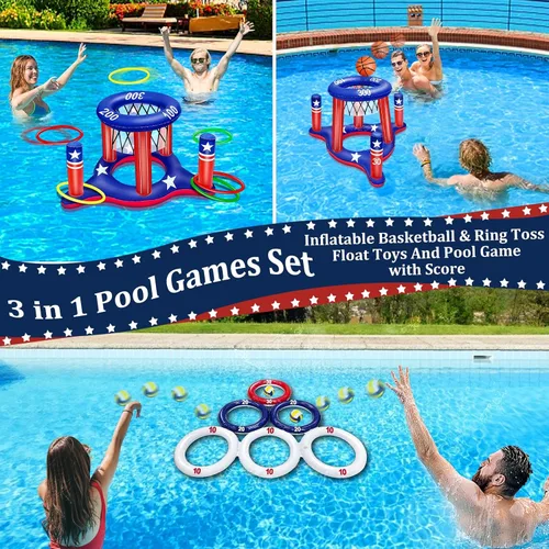 Miniatura 6 de Juego de juguetes de piscina con la bandera estadounidense, aro inflable de baloncesto flotante 2 en 1 y juego de piscina inflable para lanzar