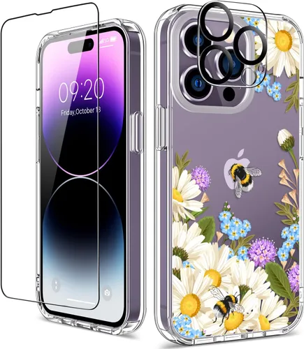 Miniatura 19 de Funda para iPhone 14 Pro con protector de pantalla, 6.1 pulgadas, transparente de cuerpo completo, a prueba de golpes, diseño floral, para niñas
