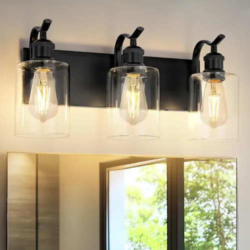 Miniatura 9 de Lámpara de tocador de baño de 3 luces, aplique de pared de níquel cepillado, lámpara de baño moderna con vidrio transparente, VL01BN-3 Níquel