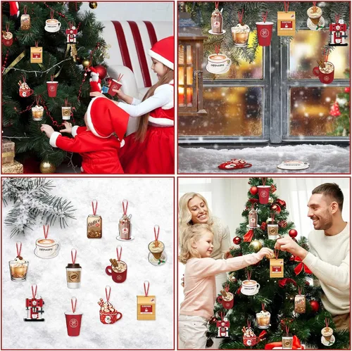 Miniatura 4 de 32 piezas de adornos de madera para taza de café para árbol de Navidad, adornos decorativos colgantes de cacao caliente y taza de té para vacaciones