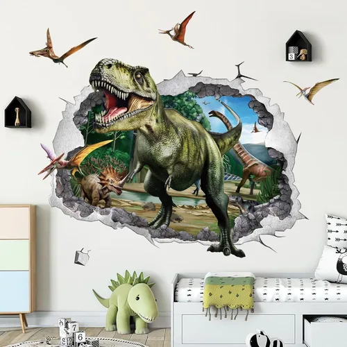 Miniatura 2 de Wondever Adhesivos de pared 3D grandes de dinosaurios, dino con grietas y agujeros, dinosaurio animal, pelar y pegar, calcomanías de pared de arte