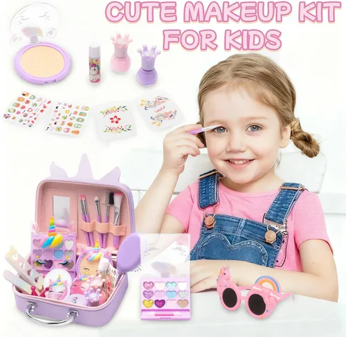 Miniatura 6 de Kit de maquillaje lavable y no tóxico para niñas, juego de cosméticos reales con espejo, brillo de labios y esmalte de uñas para edades de 4 a 8