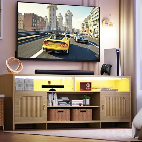 Miniatura 6 de Soporte de TV para TV de 70 pulgadas, centro de entretenimiento de 63 pulgadas con luz LED, tomacorriente, soporte de TV de ratán con estantes