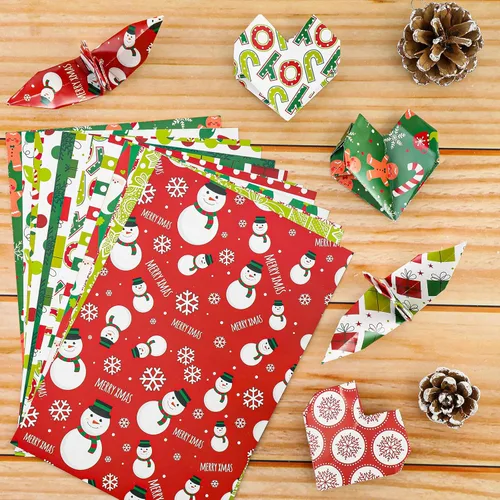 Miniatura 4 de Whaline Juego de 60 hojas de papel con patrón de Navidad, 12 diseños de tamaño A5, muñeco de nieve, Papá Noel, hombre de jengibre, papel brillante