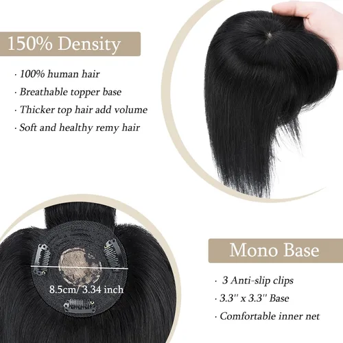 Miniatura 4 de MY-LADY Top Hairpieces para mujer con flequillo, base mono natural, 100% cabello humano real, clip en pieza de cabello lacio en medio para pérdida
