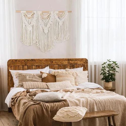 Miniatura 6 de Newwiee Tapiz de macramé grande de 43 x 32 pulgadas para colgar en la pared con barra, decoración bohemia para pared, decoración bohemia con borlas