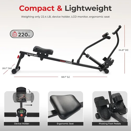 Miniatura 5 de Sunny Health & Fitness Máquina de remo compacta ajustable con 12 niveles de resistencia para entrenamientos corporales completos y aplicación