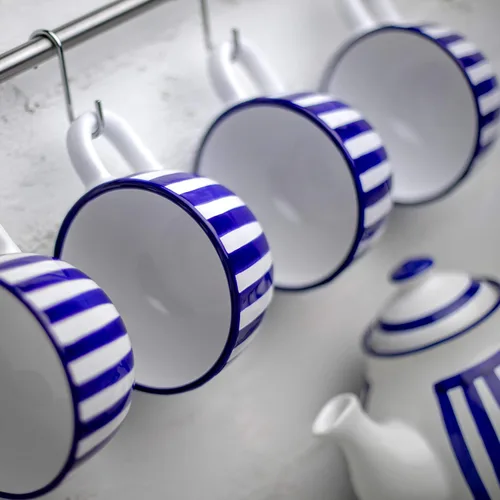 Miniatura 6 de City to Cottage Taza de cerámica hecha a mano, diseño de rayas azul marino, extra grande de 17.5 onzas, capuchino de cerámica, café, té, taza