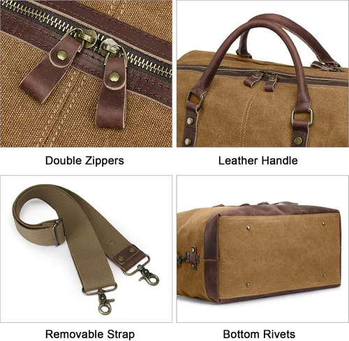Miniatura 18 de S-ZONE - Bolsa de viaje de lona sobredimensionada con adornos de cuero genuino, bolsa deportiva de hombro de fin de semana, bolso de fin de semana