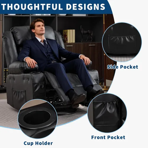Miniatura 6 de Silla reclinable mecedora para adultos, giratoria de 360°, con portavasos y asiento profundo tapizado, de piel sintética, cómodo sofá individual