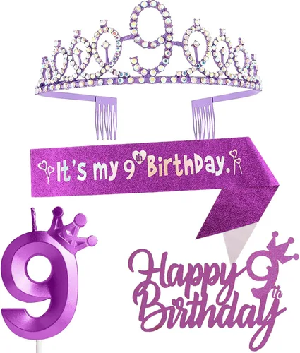 Miniatura 15 de Decoraciones de cumpleaños número 7 para niña, que incluyen corona/tiara de cumpleaños número 7, banda, adorno para pastel de cumpleaños y velas