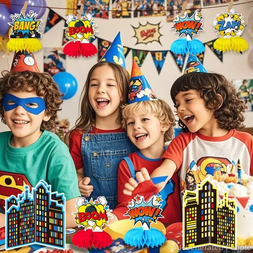 Miniatura 3 de 10 Piezas de Decoración de Fiesta de Héroe, Centros de Mesa de Panal de Héroe 3D Decoraciones de Mesa Verticales, Suministros de Fiesta Temática