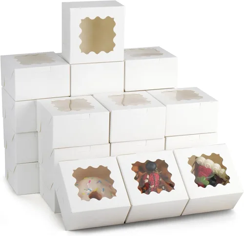 Miniatura 9 de LotFancy 60 cajas de panadería marrones con ventana, 4 x 4 x 2.5 pulgadas, cajas pequeñas para galletas, mini cajas de golosinas para mini pasteles