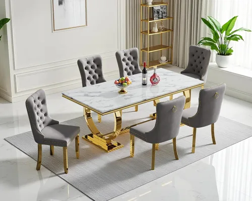 Miniatura 22 de Juego de mesa de comedor de mármol para 4, mesa de cocina rectangular de mármol blanco de 70 pulgadas con base en O de acero inoxidable dorado