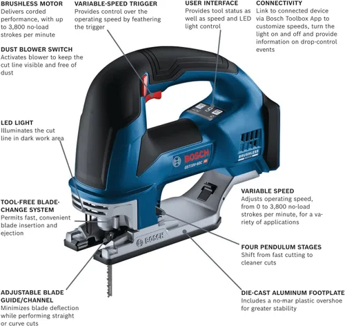 Miniatura 2 de BOSCH GST18V-60CN Sierra de calar con mango superior conectado sin escobillas de 18 V, 3,800 SPM, luz LED, cambio de hoja sin herramientas
