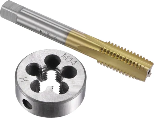 uxcell Juego de roscas métricas M14 x 2, HSS (acero de alta velocidad) chapado en titanio para máquina de rosca recta de flauta roscada, troquel de