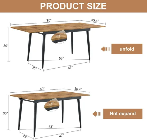 Miniatura 3 de FURNITO Mesa de comedor extensible de 59 a 75 pulgadas, mesa de comedor grande para 4-8, mesa de comedor moderna con patas de metal, mesa de comedor