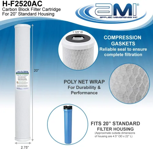 Miniatura 3 de Applied Membranes Inc. Cartucho de filtro de bloque de carbono de 20 x 2.5 pulgadas Reducción de cloro, sabor y olor Clasificación de filtración