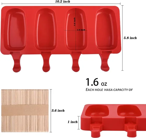 Miniatura 2 de WMKGG Juego de moldes de silicona para paletas, 2 moldes de helado con 50 palos de madera para cake pop, Ice Pop, Cakesicles (tamaño estándar/rojo)