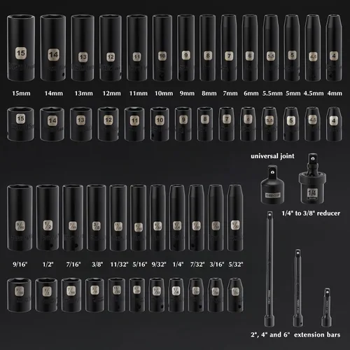 Miniatura 3 de EMENTOL Juego de 55 llaves de vaso de impacto profundas y poco profundas de 1/4 pulgadas, CR-V, SAE/métrico, 6 puntos, 5/32 pulgadas - 9/16