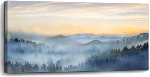 Miniatura 9 de Decoración de pared para dormitorio, 3 paneles, estampado de bosque brumoso con salida del sol, arte de pared para sala de estar, baño, lienzo