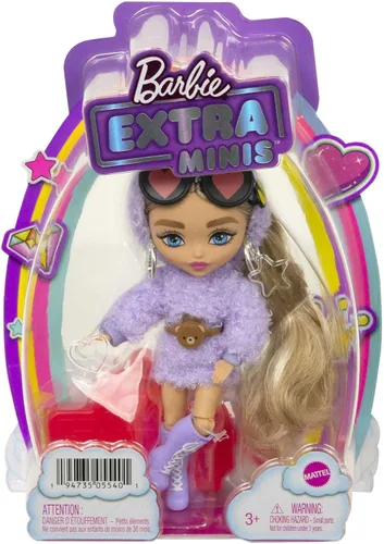 Miniatura 7 de Barbie Extra Minis Muñeca #4 (5.5 pulgadas) Vistiendo Moda Morada Esponjosa, con Soporte para Muñeca y Accesorios Incluyendo Orejas de Osito y Gafas