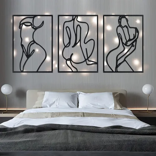 AYOUSENFAN Arte de pared de metal negro con luces de hadas, decoración minimalista de 0.12 pulgadas de grosor, 15.5 x 11 pulgadas, arte abstracto de