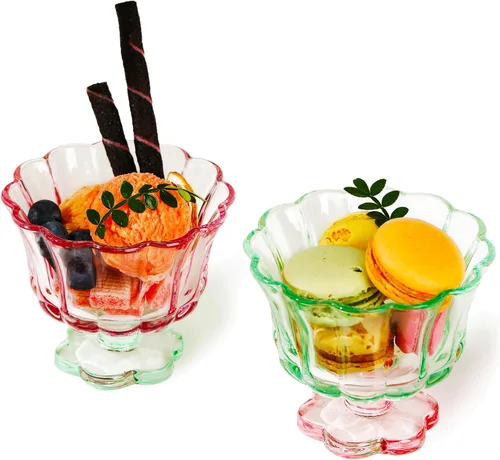 Miniatura 8 de Juego de 2 vasos de helado con pies (transparente), copa de vidrio estilo pétalo de flor, adecuado para jugo, helado, cócteles, postres y más.