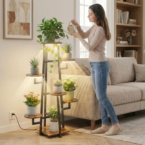 Miniatura 5 de Soporte para plantas de 7 niveles para interiores con luz de cultivo para múltiples plantas Corner Flower Stand, Vintage Multi-Layer Design