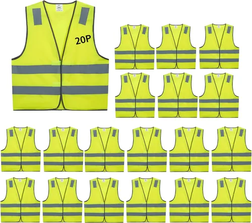 Paquete de 20 chalecos de seguridad a granel, color amarillo, reflectantes, de alta visibilidad, construcción ANSI Clase 2, chalecos de trabajo para