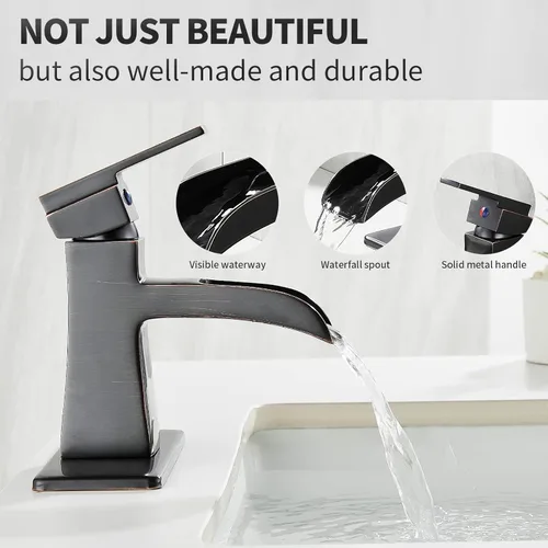 Miniatura 5 de Grifo de Baño de Cascada de Bronce Frotado con Aceite, Grifo de Lavabo de Baño Centerset de Una Sola Manija Sanliv con Desagüe Pop-Up y Placa