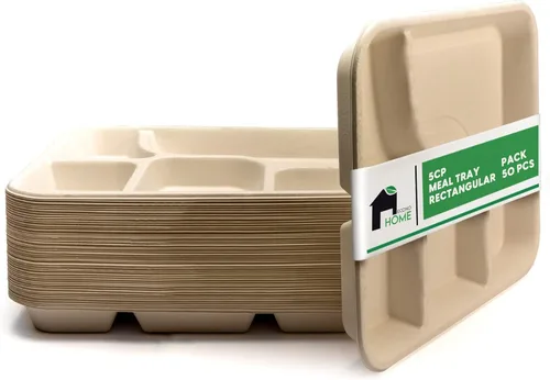 EconoHome Paquete de 50 platos desechables con 5 compartimentos, bandeja compostable de caña de azúcar y bagazo ecológica, apta para microondas,
