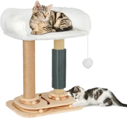 Poste rascador con cama para gatitos pequeños de interior, árbol para gatos 4 en 1 con auto peluquería, bolas de pista, torre de sisal natural para