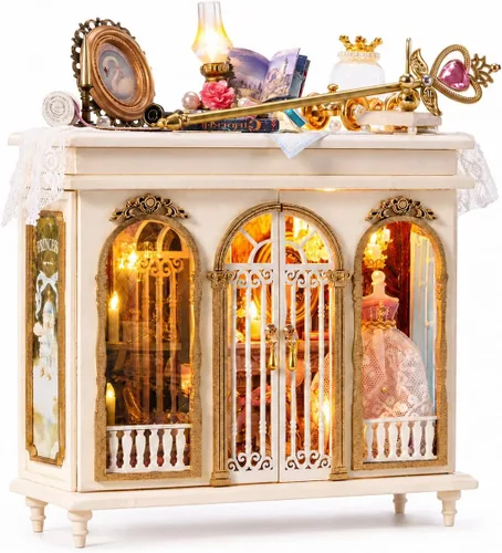 Spilay DIY Miniature House Kit for Adults, Miniature Dollhouse Kit | With Warm Light & Furniture, Wooden Craft Building Set for Bookshelf Decor,