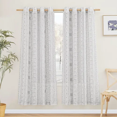 Miniatura 25 de NICETOWN Cortinas bohemias de lino transparente para sala de estar, cortinas semitransparentes de granja con patrón de rayas bohemias, cortinas Gris