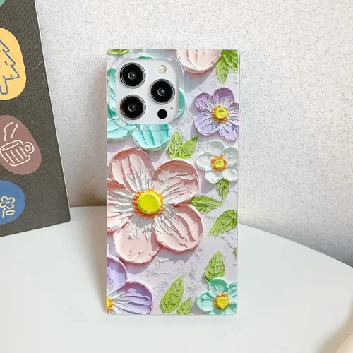 Miniatura 2 de Funda compatible con iPhone 13, borde rectangular, bonita funda protectora de lujo con diseño de flores al óleo para mujeres y niñas, funda