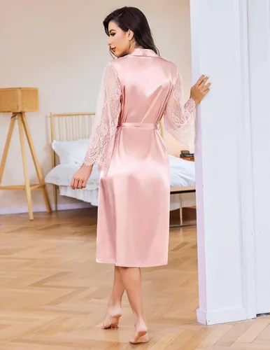 Miniatura 4 de Avidlove Bata tipo kimono de encaje floral para mujer, de manga larga, bata de baño, bata de novia