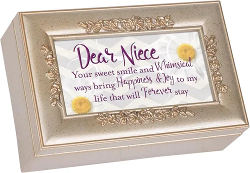Cottage Garden Caja de música pequeña con diseño de rosa en relieve en tono plateado con texto en relieve de sobrina Sweet Smile Bring Joy Plays You