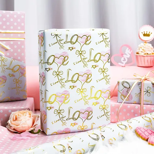 Miniatura 4 de Yarcony Papel de regalo reversible de boda, papel de regalo con temática de corazón, estampado creativo de amor y lazo, envoltura de regalo