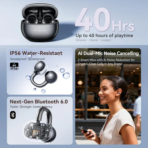 Miniatura 6 de Kinglucky Auriculares con Clip Mejorados Ajuste Cómodo y Sonido Cristalino, 50H de Reproducción Auriculares Abiertos Bluetooth 5.4 Inalámbricos